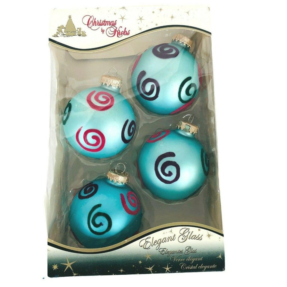 Christmas By Krebs Glass Ornaments Turquoise‎ Blue With Flock Design 4 In Box